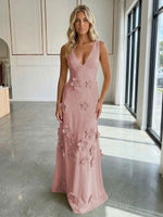 A-Line V-Neck Sleeveless 3D Flowers Backless Formal Dresses