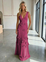 A-Line V-Neck Sleeveless 3D Flowers Backless Formal Dresses