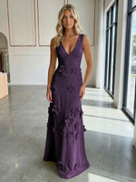 A-Line V-Neck Sleeveless 3D Flowers Backless Formal Dresses