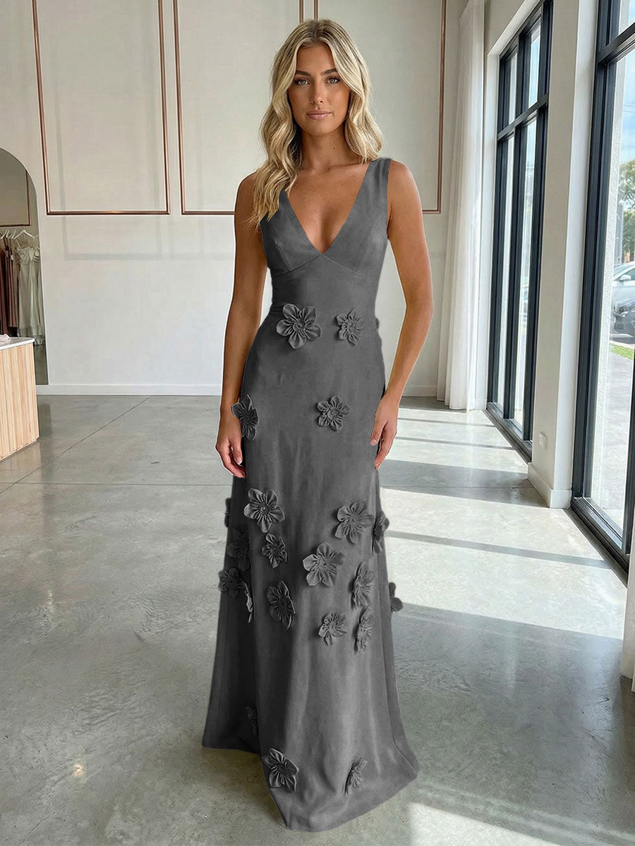 A-Line V-Neck Sleeveless 3D Flowers Backless Formal Dresses