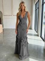 A-Line V-Neck Sleeveless 3D Flowers Backless Formal Dresses