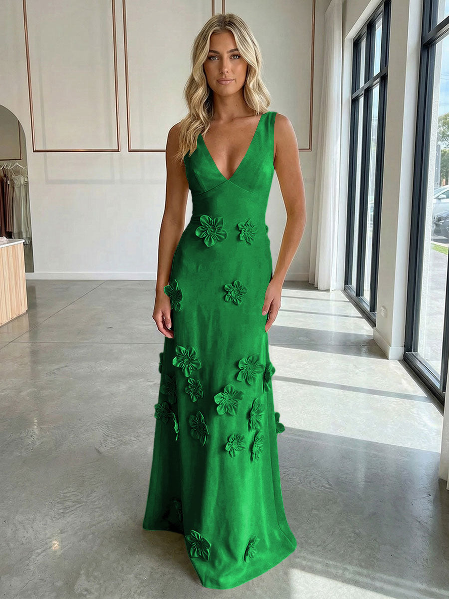 A-Line V-Neck Sleeveless 3D Flowers Backless Formal Dresses