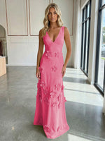 A-Line V-Neck Sleeveless 3D Flowers Backless Formal Dresses