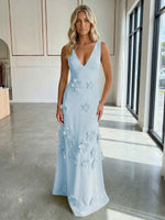 A-Line V-Neck Sleeveless 3D Flowers Backless Formal Dresses