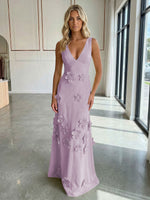 A-Line V-Neck Sleeveless 3D Flowers Backless Formal Dresses