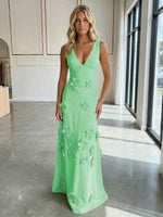 A-Line V-Neck Sleeveless 3D Flowers Backless Formal Dresses