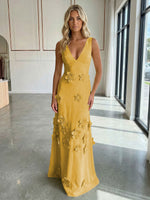 A-Line V-Neck Sleeveless 3D Flowers Backless Formal Dresses