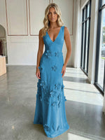 A-Line V-Neck Sleeveless 3D Flowers Backless Formal Dresses