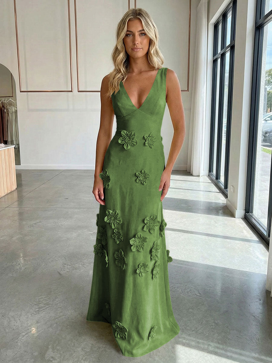 A-Line V-Neck Sleeveless 3D Flowers Backless Formal Dresses