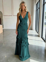 A-Line V-Neck Sleeveless 3D Flowers Backless Formal Dresses