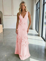 A-Line V-Neck Sleeveless 3D Flowers Backless Formal Dresses