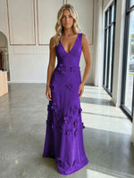 A-Line V-Neck Sleeveless 3D Flowers Backless Formal Dresses