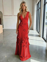 A-Line V-Neck Sleeveless 3D Flowers Backless Formal Dresses