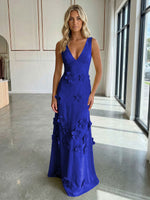 A-Line V-Neck Sleeveless 3D Flowers Backless Formal Dresses