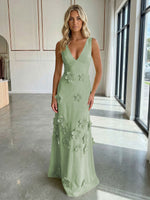 A-Line V-Neck Sleeveless 3D Flowers Backless Formal Dresses