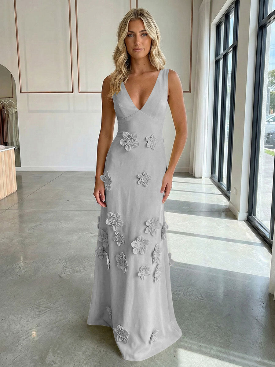 A-Line V-Neck Sleeveless 3D Flowers Backless Formal Dresses