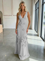 A-Line V-Neck Sleeveless 3D Flowers Backless Formal Dresses
