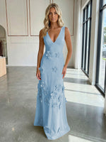 A-Line V-Neck Sleeveless 3D Flowers Backless Formal Dresses