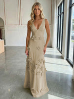 A-Line V-Neck Sleeveless 3D Flowers Backless Formal Dresses