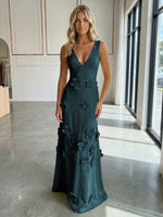 A-Line V-Neck Sleeveless 3D Flowers Backless Formal Dresses