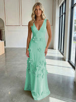 A-Line V-Neck Sleeveless 3D Flowers Backless Formal Dresses