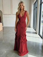 A-Line V-Neck Sleeveless 3D Flowers Backless Formal Dresses