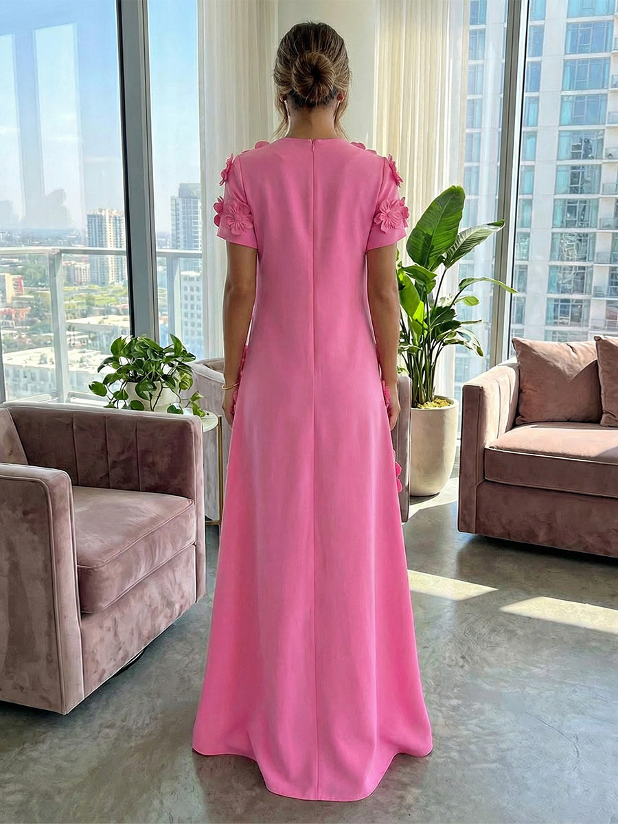 A-Line Crew Neck Half Sleeve 3D Flowers Formal Dresses