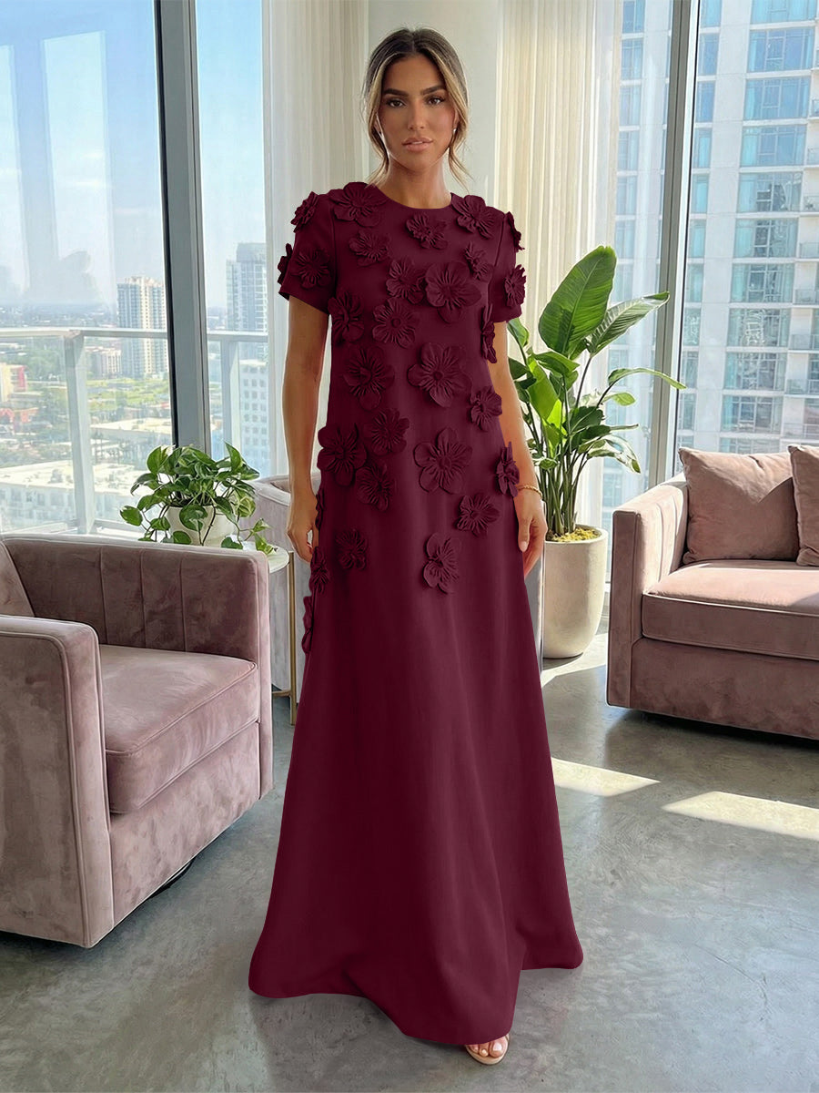 A-Line Crew Neck Half Sleeve 3D Flowers Formal Dresses
