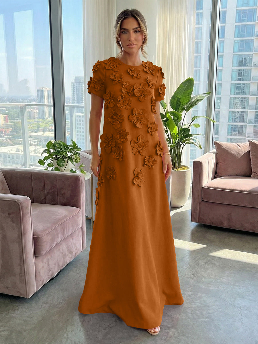 A-Line Crew Neck Half Sleeve 3D Flowers Formal Dresses