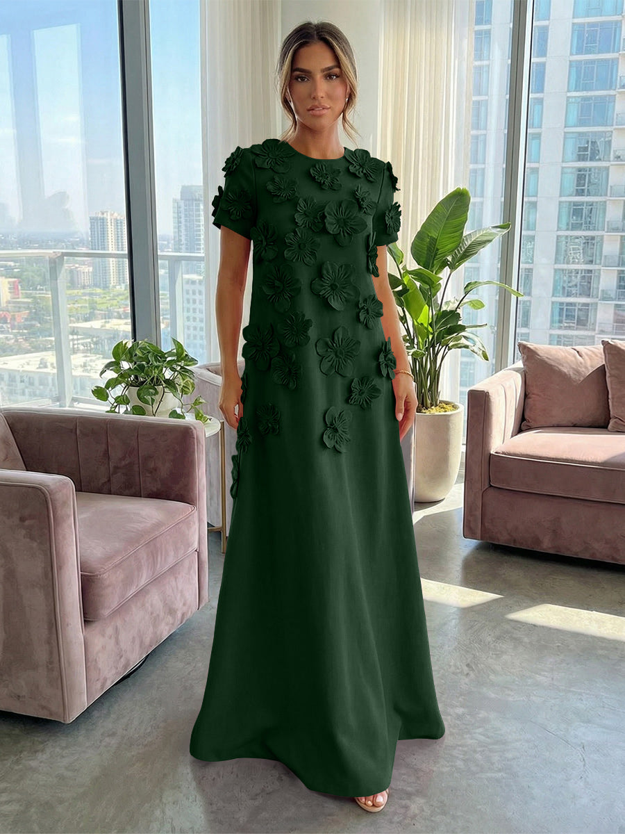 A-Line Crew Neck Half Sleeve 3D Flowers Formal Dresses