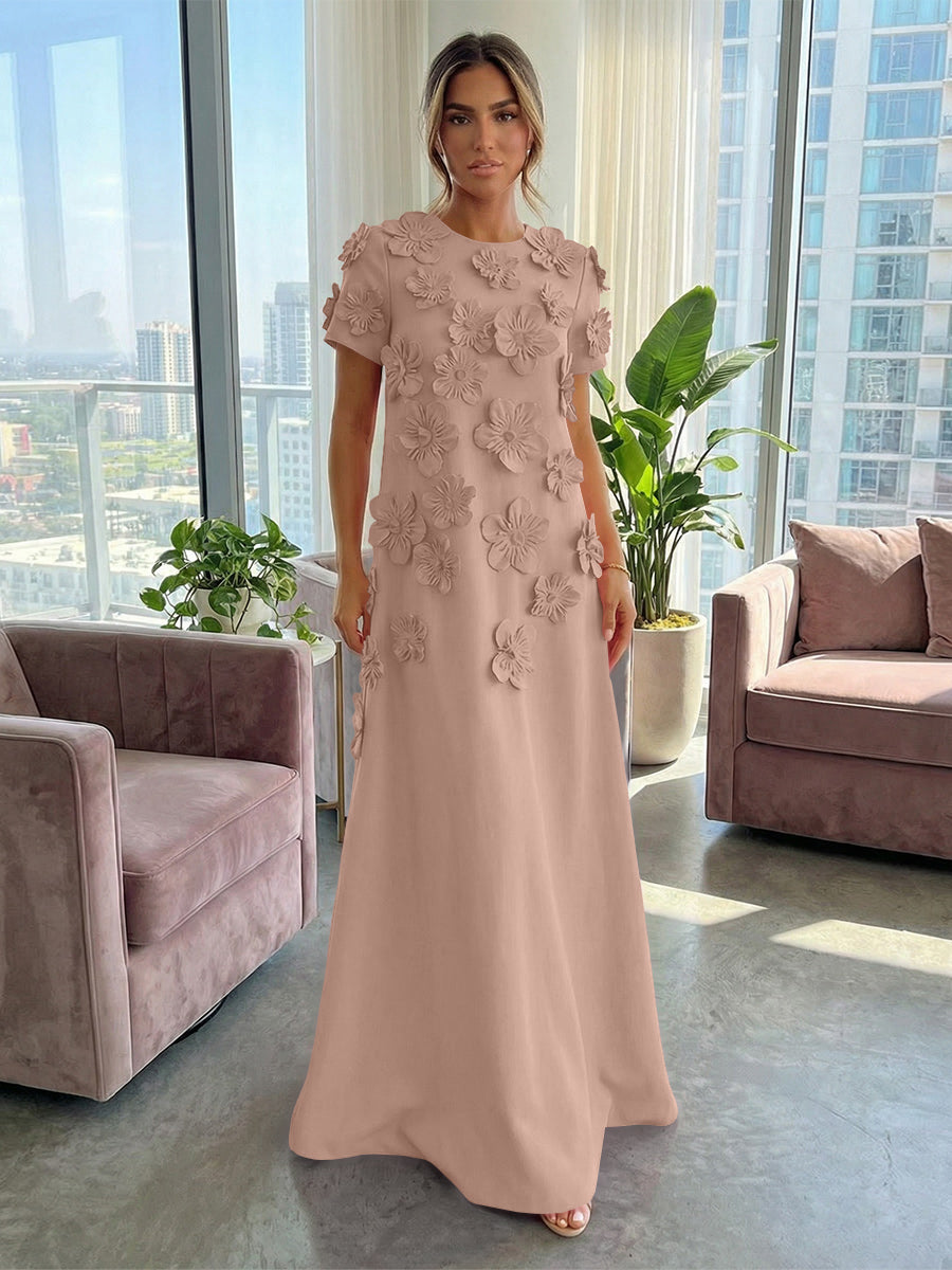 A-Line Crew Neck Half Sleeve 3D Flowers Formal Dresses