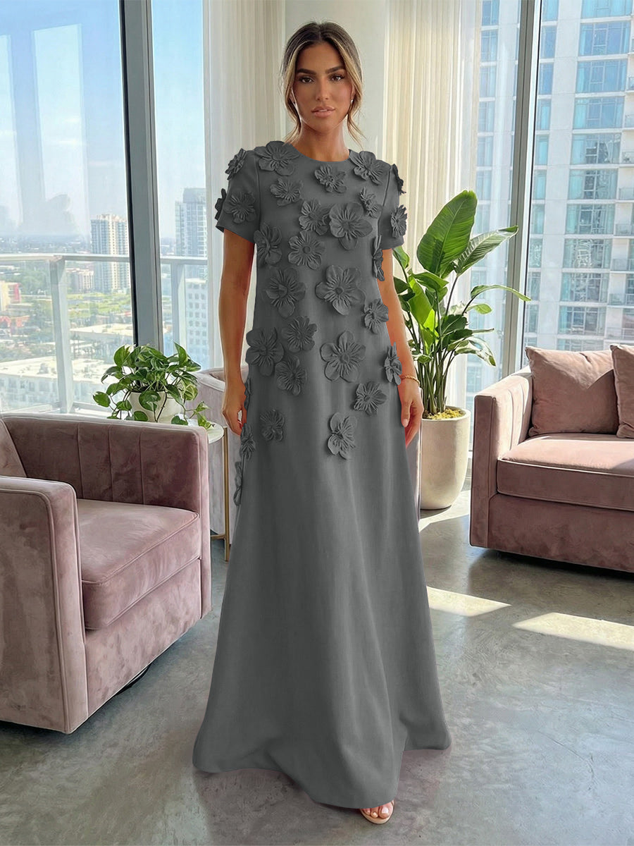 A-Line Crew Neck Half Sleeve 3D Flowers Formal Dresses