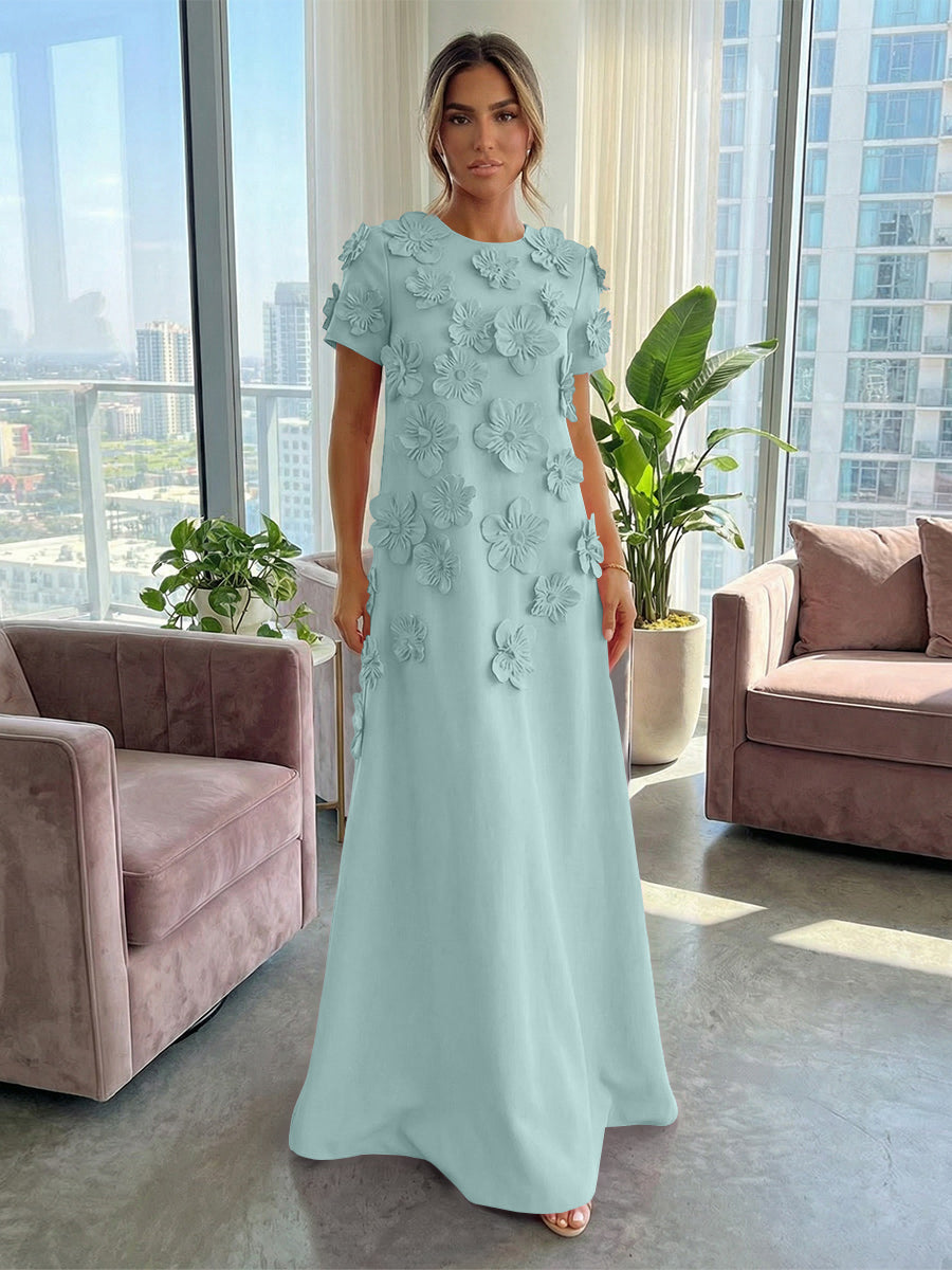 A-Line Crew Neck Half Sleeve 3D Flowers Formal Dresses