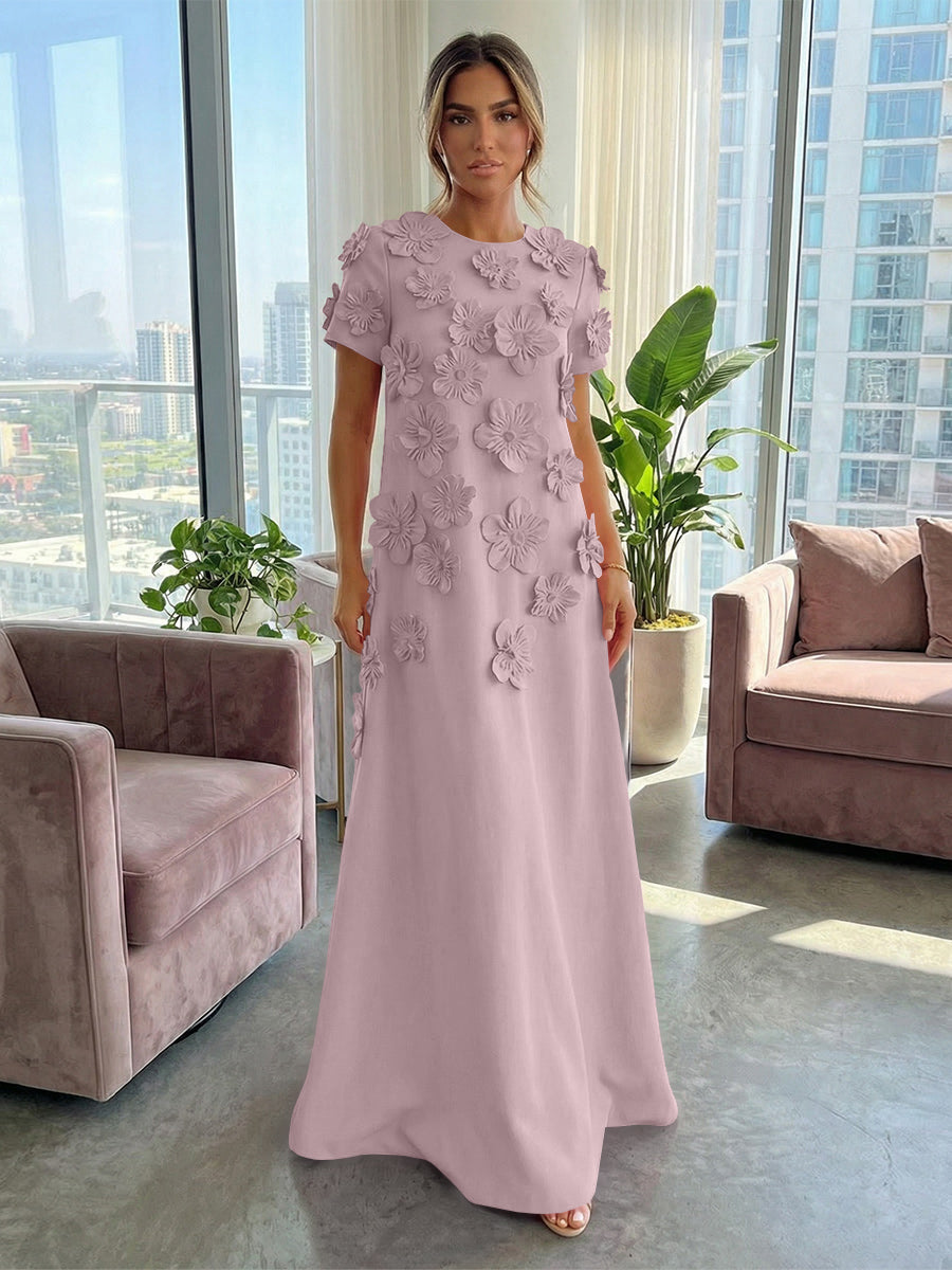 A-Line Crew Neck Half Sleeve 3D Flowers Formal Dresses