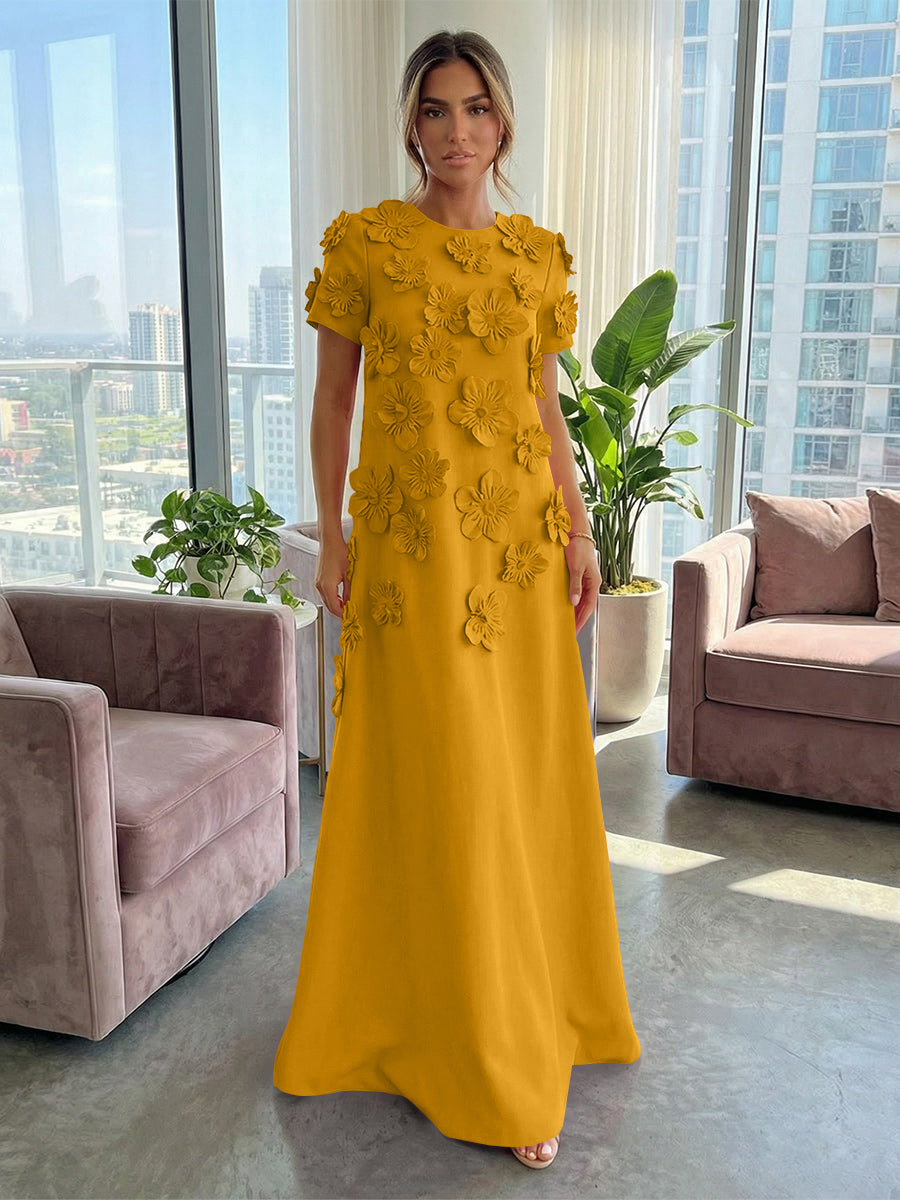 A-Line Crew Neck Half Sleeve 3D Flowers Formal Dresses