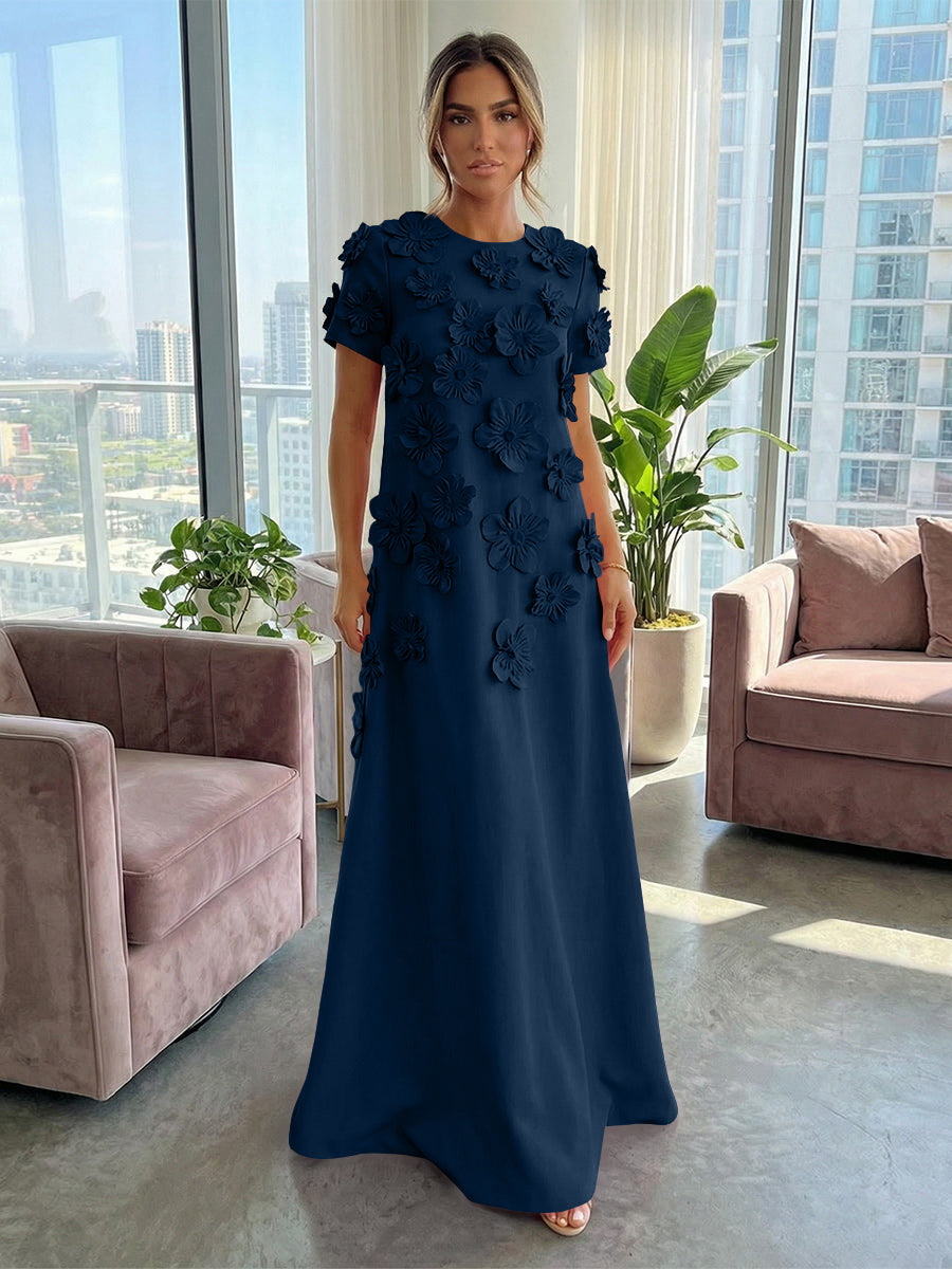 A-Line Crew Neck Half Sleeve 3D Flowers Formal Dresses