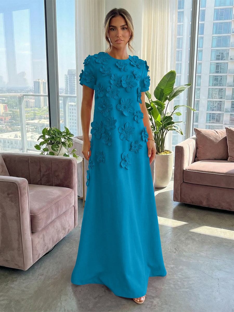 A-Line Crew Neck Half Sleeve 3D Flowers Formal Dresses