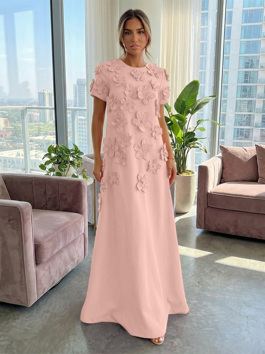 A-Line Crew Neck Half Sleeve 3D Flowers Formal Dresses