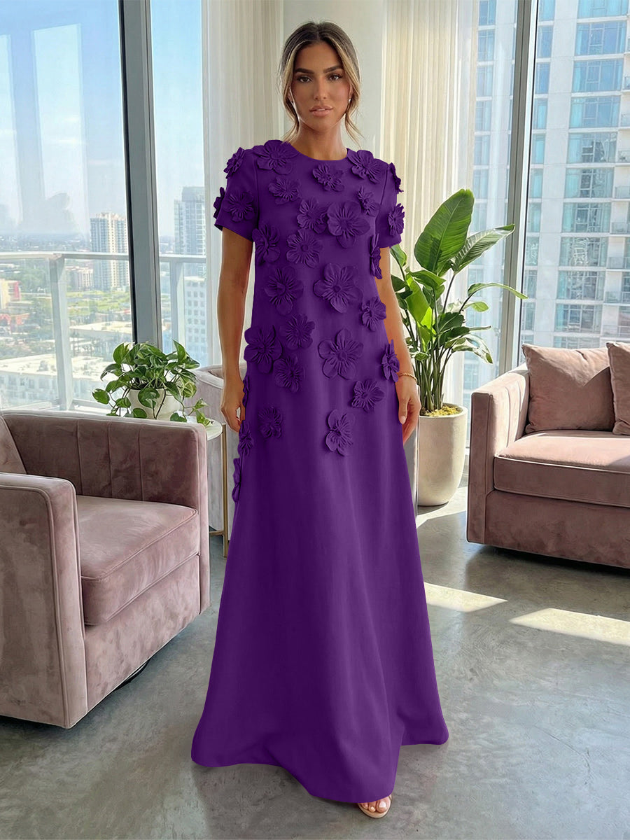 A-Line Crew Neck Half Sleeve 3D Flowers Formal Dresses