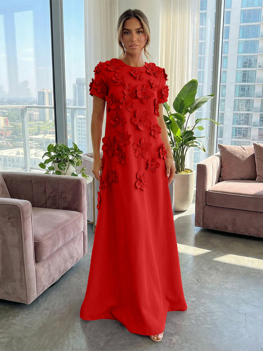 A-Line Crew Neck Half Sleeve 3D Flowers Formal Dresses