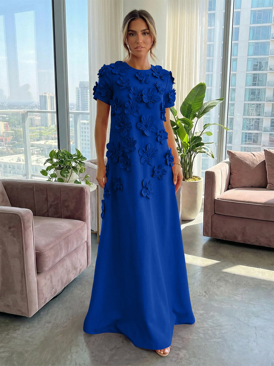 A-Line Crew Neck Half Sleeve 3D Flowers Formal Dresses