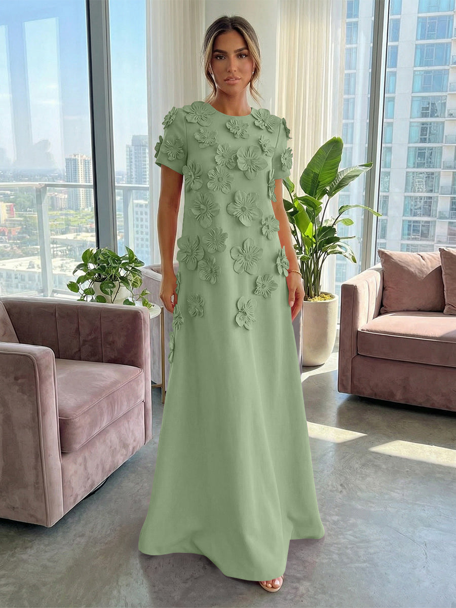 A-Line Crew Neck Half Sleeve 3D Flowers Formal Dresses