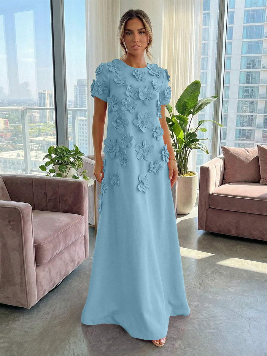 A-Line Crew Neck Half Sleeve 3D Flowers Formal Dresses