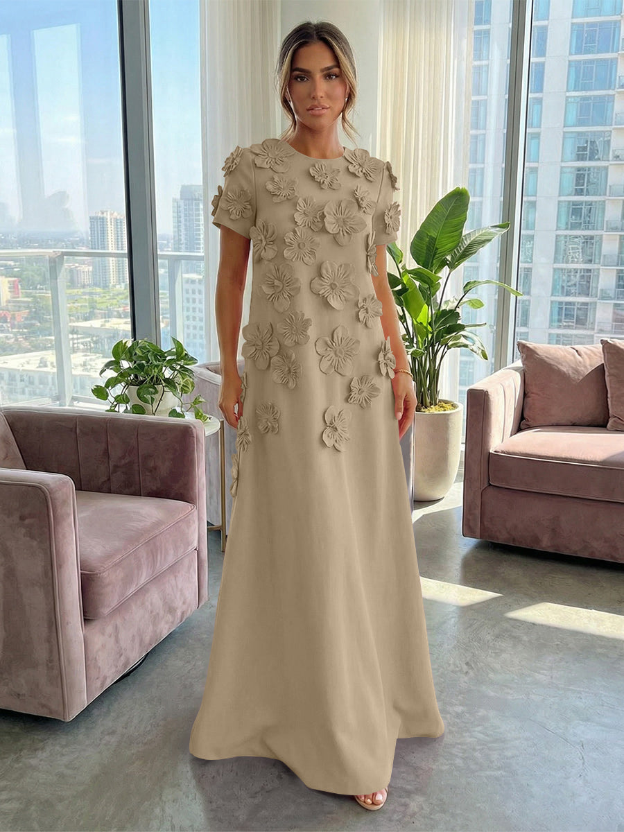A-Line Crew Neck Half Sleeve 3D Flowers Formal Dresses