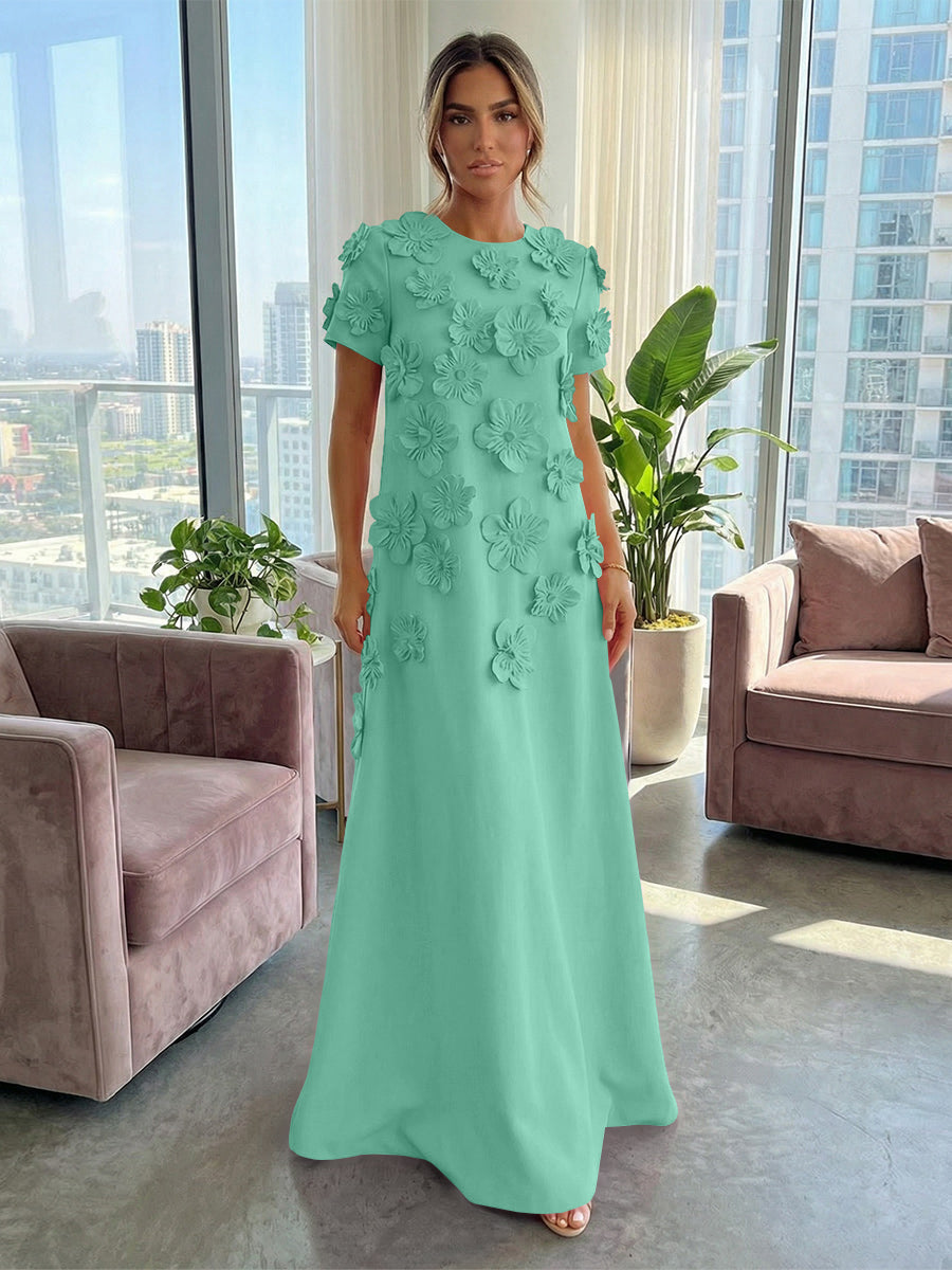 A-Line Crew Neck Half Sleeve 3D Flowers Formal Dresses
