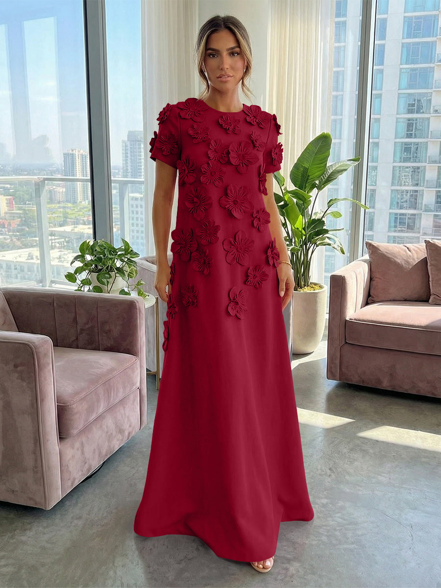 A-Line Crew Neck Half Sleeve 3D Flowers Formal Dresses