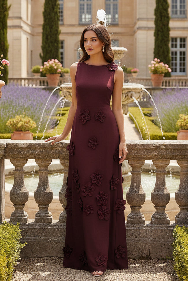 A-Line Crew Neck 3D Flowers Applique Formal Dresses