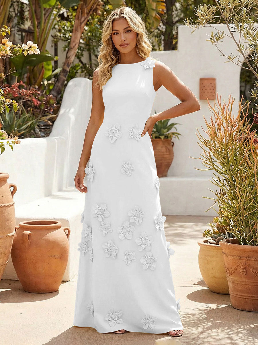 A-Line Crew Neck 3D Flowers Applique Formal Dresses