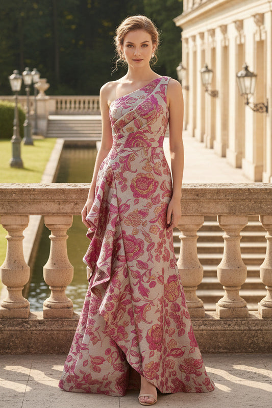 A-Line One Shoulder Evening Dresses with Ruffles