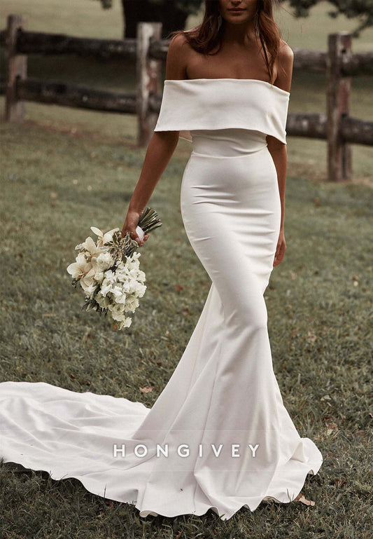 Covered Button Low Back Pleated Shawl Off the Shoulder Satin Trumpet Wedding Dresses